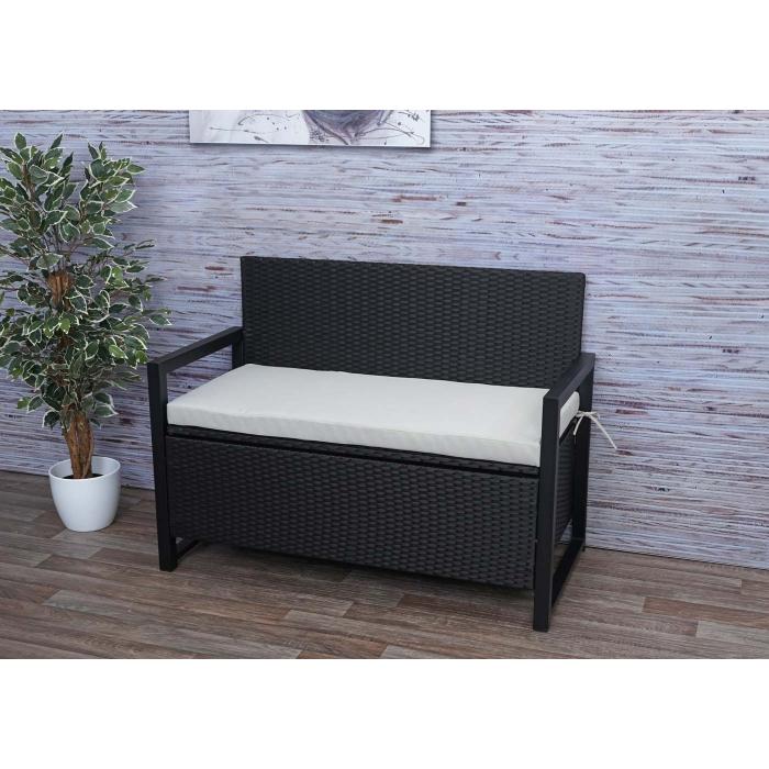 Poly-Rattan 2er Sitzbank HWC-F39, Gartenbank Truhenbank, Staufach Aufbewahrung Sitzkissen ~ anthrazit, Kissen grau