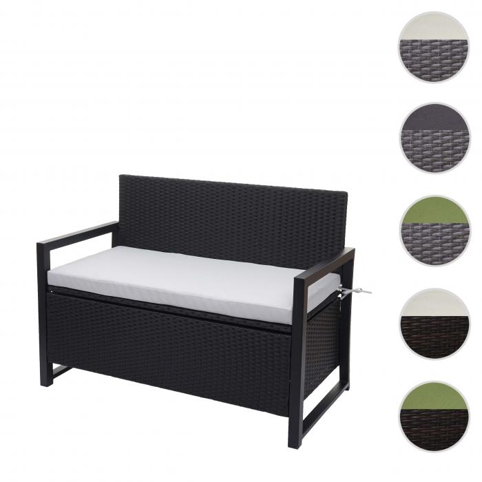 Poly-Rattan 2er Sitzbank HWC-F39, Gartenbank Truhenbank, Staufach Aufbewahrung Sitzkissen ~ anthrazit, Kissen grau