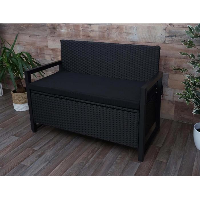 Poly-Rattan 2er Sitzbank HWC-F39, Gartenbank Truhenbank, Staufach Aufbewahrung Sitzkissen ~ anthrazit, Kissen schwarz