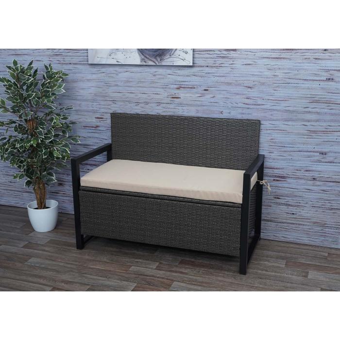 Poly-Rattan 2er Sitzbank HWC-F39, Gartenbank Truhenbank, Staufach Aufbewahrung Sitzkissen ~ grau, Kissen beige