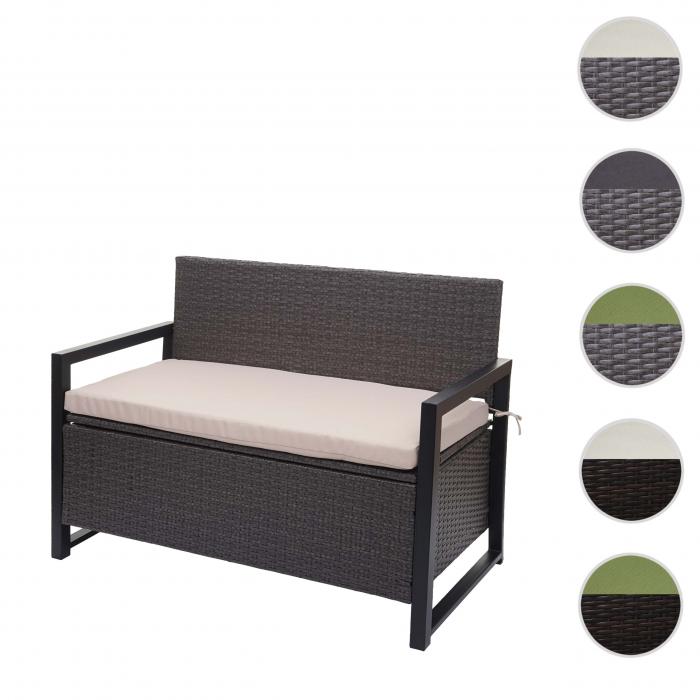 Poly-Rattan 2er Sitzbank HWC-F39, Gartenbank Truhenbank, Staufach Aufbewahrung Sitzkissen ~ grau, Kissen beige