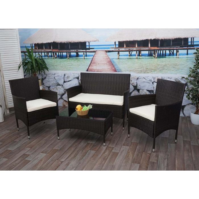 Poly-Rattan Garnitur HWC-F55, Balkon-/Garten-/Lounge-Set Sofa Sitzgruppe ~ braun, Kissen creme