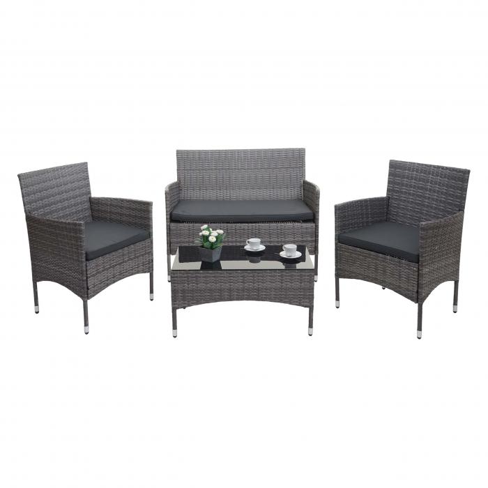 Poly-Rattan Garnitur HWC-F55, Balkon-/Garten-/Lounge-Set Sofa Sitzgruppe ~ grau, Kissen dunkelgrau