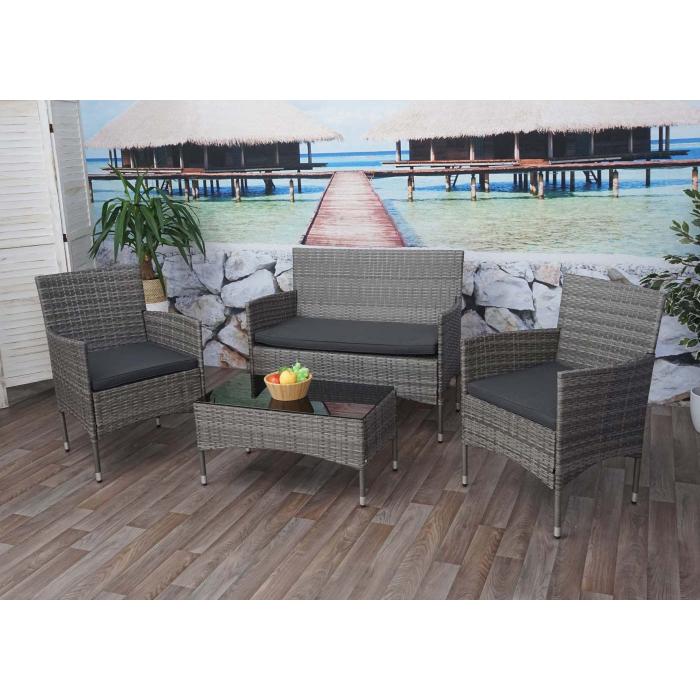 Poly-Rattan Garnitur HWC-F55, Balkon-/Garten-/Lounge-Set Sofa Sitzgruppe ~ grau, Kissen dunkelgrau