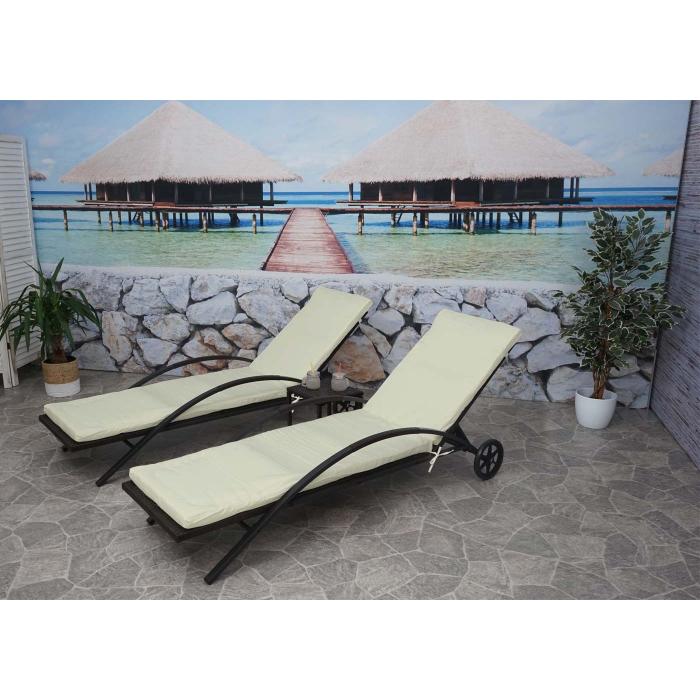 2er-Set Sonnenliege HWC-E27, Relaxliege Gartenliege, Poly-Rattan ~ braun, Kissen creme-beige