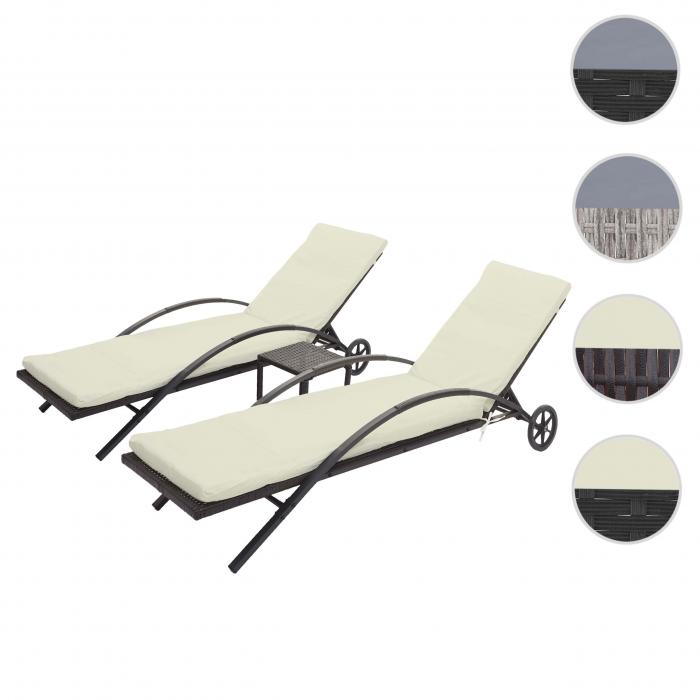2er-Set Sonnenliege HWC-E27, Relaxliege Gartenliege, Poly-Rattan ~ braun, Kissen creme-beige