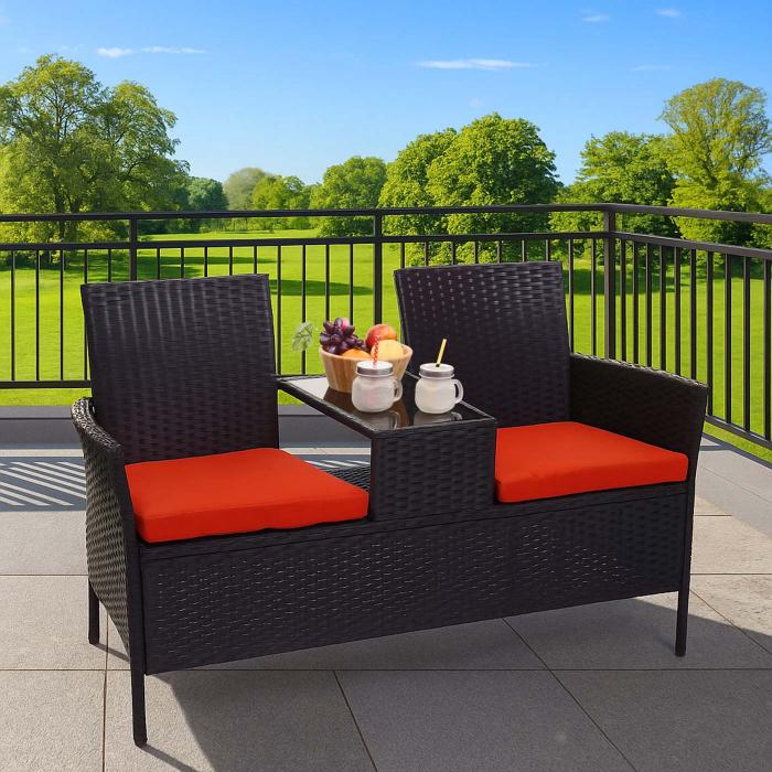 Poly-Rattan Sitzbank mit Tisch HWC-E24, Gartenbank Sitzgruppe Gartensofa, 132cm ~ schwarz, Kissen terracotta