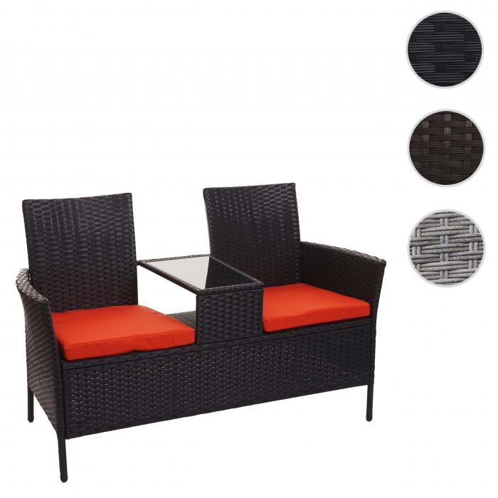 Poly-Rattan Sitzbank mit Tisch HWC-E24, Gartenbank Sitzgruppe Gartensofa, 132cm ~ schwarz, Kissen terracotta