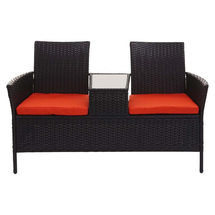 Poly-Rattan Sitzbank mit Tisch HWC-E24, Gartenbank Sitzgruppe Gartensofa, 132cm ~ schwarz, Kissen terracotta