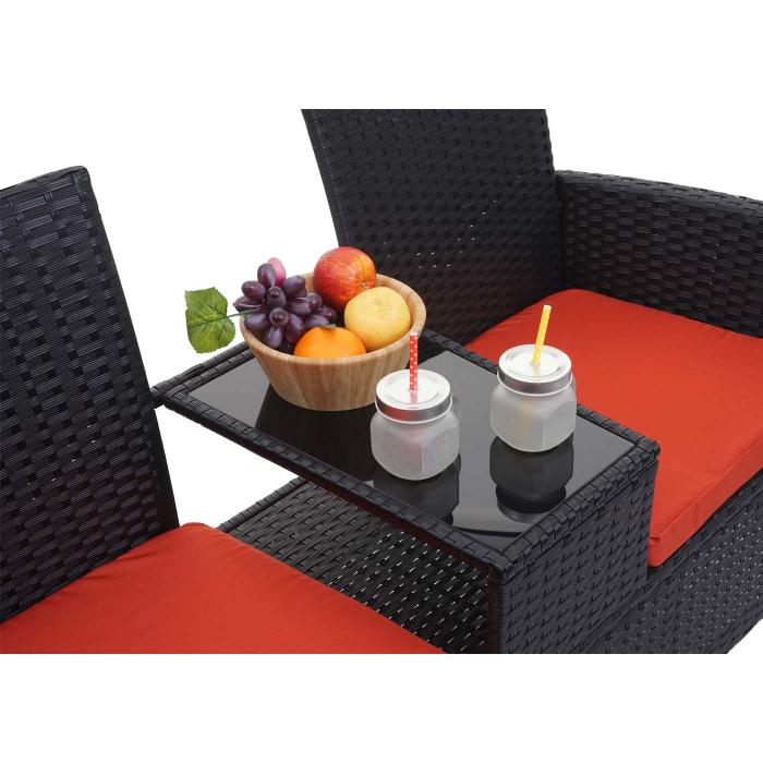 Poly-Rattan Sitzbank mit Tisch HWC-E24, Gartenbank Sitzgruppe Gartensofa, 132cm ~ schwarz, Kissen terracotta