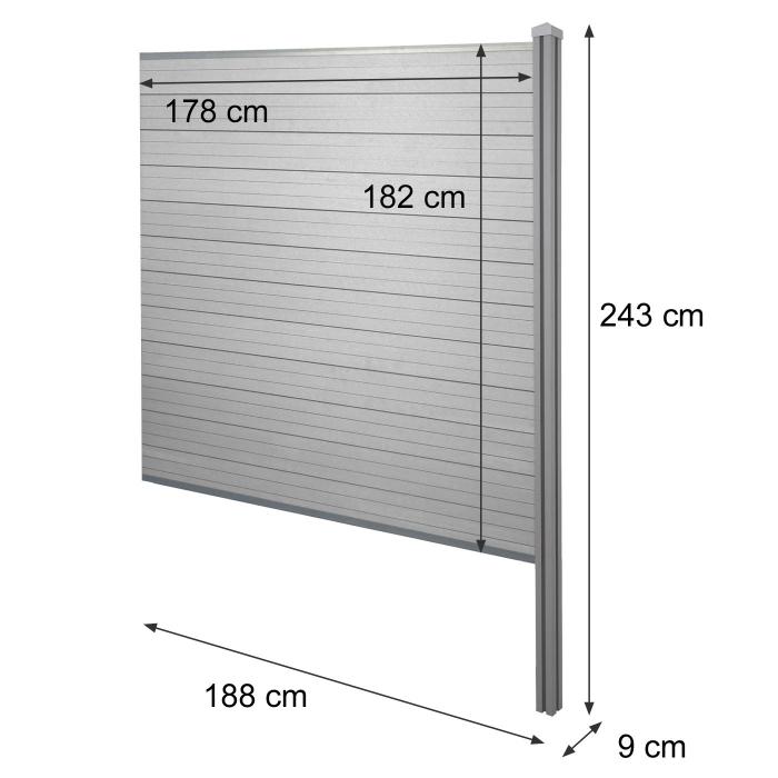 WPC-Sichtschutz Sarthe, Windschutz Zaun, WPC-Pfosten zum Einbetonieren ~ Erweiterungselement, 188cm grau