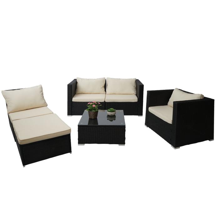 Poly-Rattan-Garnitur Brescia, Gartengarnitur Sitzgruppe Sofa Lounge-Set ~ schwarz, Kissen creme