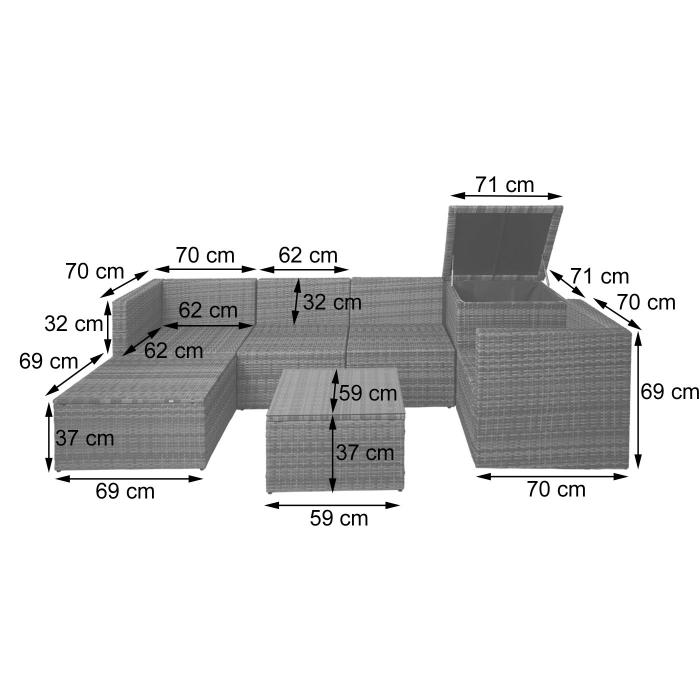 Poly-Rattan-Garnitur HWC-D21, Balkon-/Garten-/Lounge-Set Sofa Sitzgruppe, Box Staufach ~ grau, Kissen dunkelgrau