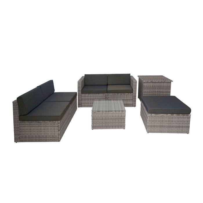 Poly-Rattan-Garnitur HWC-D21, Balkon-/Garten-/Lounge-Set Sofa Sitzgruppe, Box Staufach ~ grau, Kissen dunkelgrau