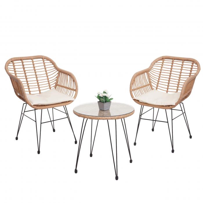 Poly-Rattan Garnitur HWC-G17, Balkon-Set Gartengarnitur Sitzgruppe Stuhl, Seil ~ naturfarben, Kissen creme