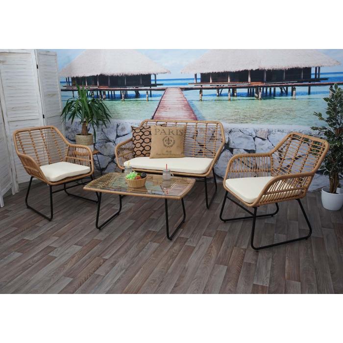 Polyrattan Garnitur HWC-G17a, Garten Sofa Set Sitzgruppe Stuhl, Seil ~ naturfarben, Polster creme ohne Dekokissen