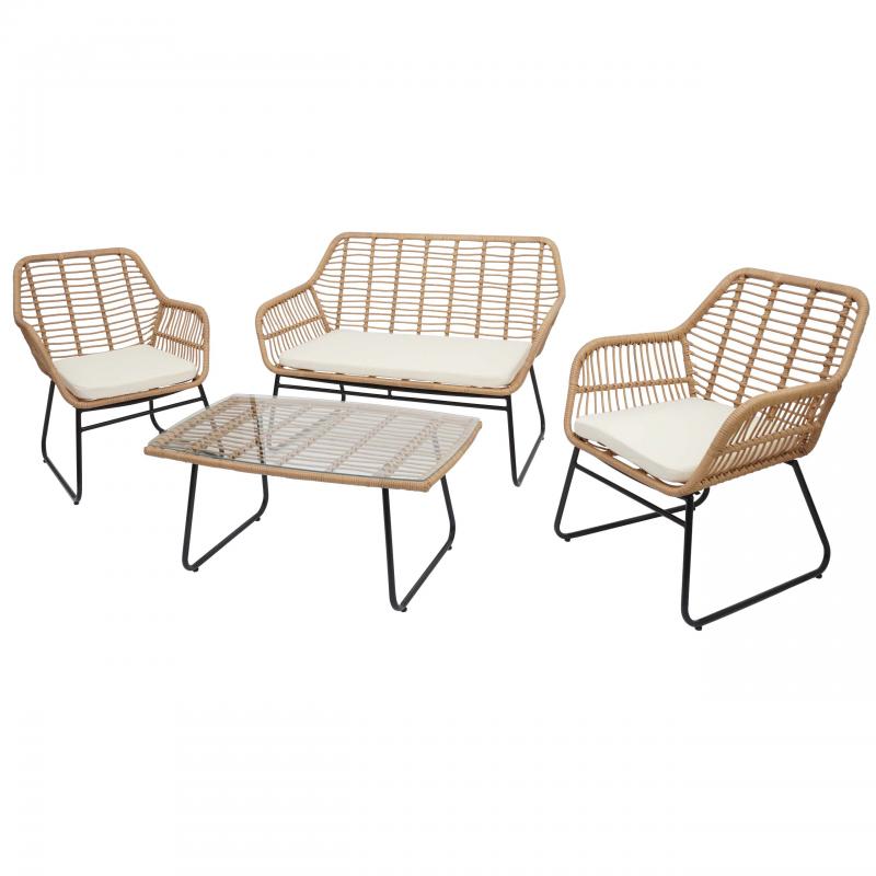 Polyrattan Garnitur HWC-G17a, Garten Sofa Set Sitzgruppe Stuhl, Seil ~ naturfarben, Polster creme ohne Dekokissen