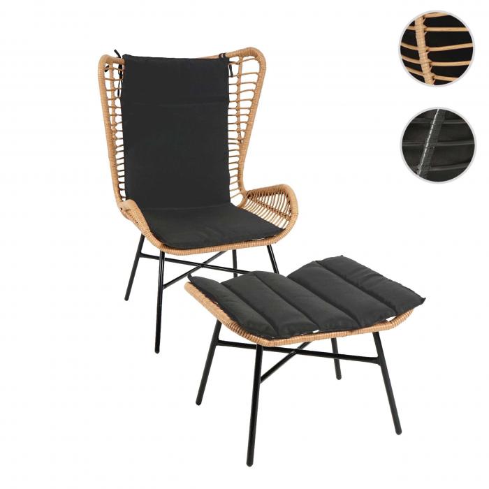 Poly-Rattan Set HWC-G17b, Balkon-Set Gartengarnitur Sitzgruppe Stuhl+Hocker Sessel, Seil ~ naturfarben, Kissen anthrazit