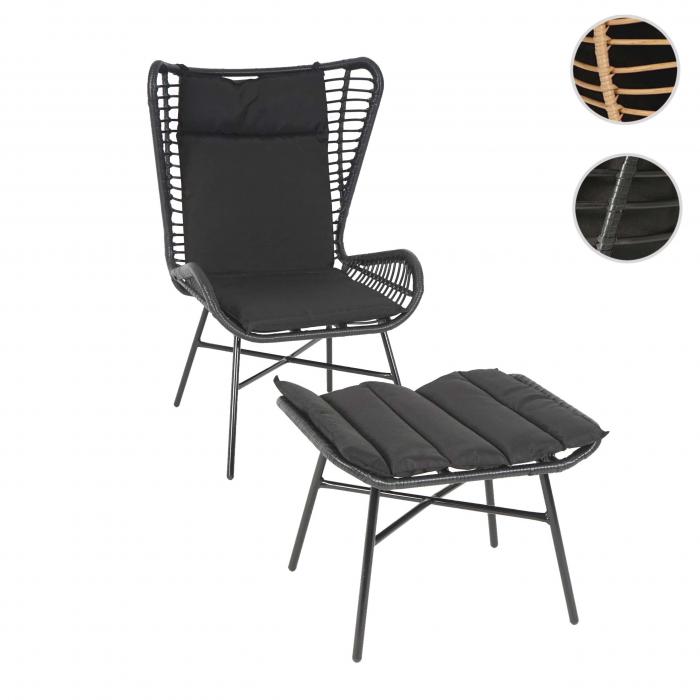 Poly-Rattan Set HWC-G17b, Balkon-Set Gartengarnitur Sitzgruppe Stuhl+Hocker Sessel, Seil ~ anthrazit, Kissen anthrazit