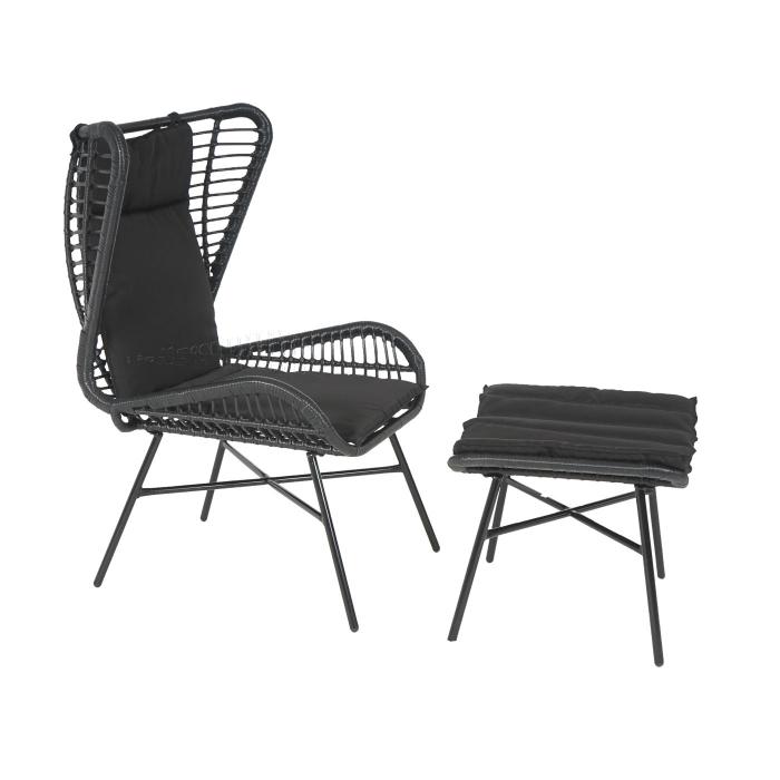 Poly-Rattan Set HWC-G17b, Balkon-Set Gartengarnitur Sitzgruppe Stuhl+Hocker Sessel, Seil ~ anthrazit, Kissen anthrazit