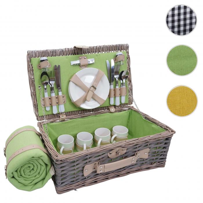 Picknickkorb-Set HWC-B24 fr 4 Personen, Weiden-Korb, Porzellan Edelstahl ~ grau-grn