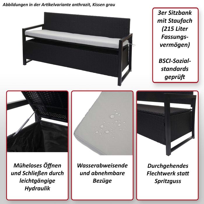 Poly-Rattan 3er Sitzbank HWC-F39, Gartenbank Truhenbank, Staufach Aufbewahrung Sitzkissen ~ grau-meliert, Kissen grn