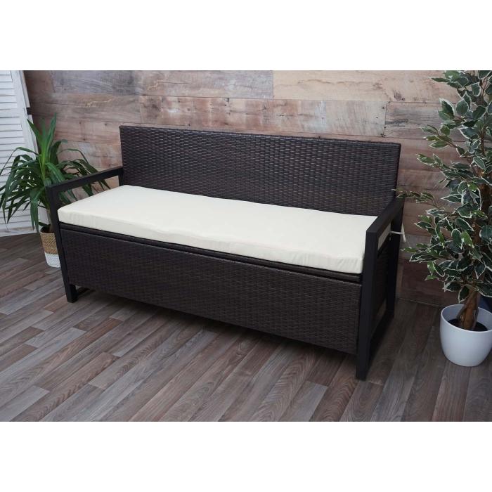 Poly-Rattan 3er Sitzbank HWC-F39, Gartenbank Truhenbank, Staufach Aufbewahrung Sitzkissen ~ braun, Kissen creme