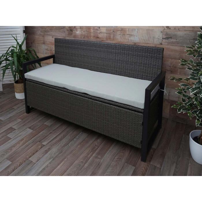 Poly-Rattan 3er Sitzbank HWC-F39, Gartenbank Truhenbank, Staufach Aufbewahrung Sitzkissen ~ grau, Kissen grau