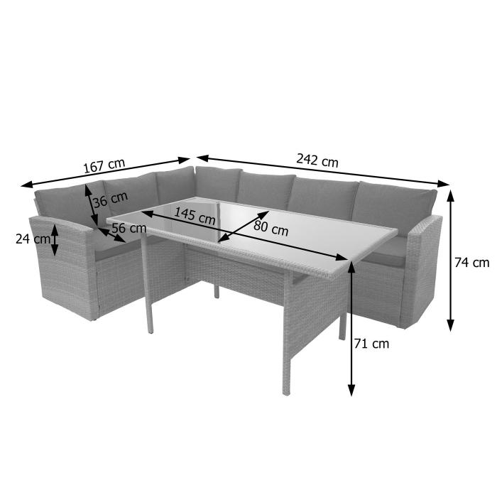 Retourenware | Poly-Rattan-Garnitur HWC-A29, Gartengarnitur Sitzgruppe Lounge-Esstisch-Set Sofa ~ hellgrau, Kissen creme