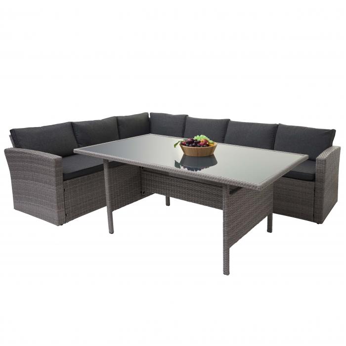 Poly-Rattan-Garnitur HWC-A29, Gartengarnitur Sitzgruppe Lounge-Esstisch-Set Sofa ~ grau, Kissen grau