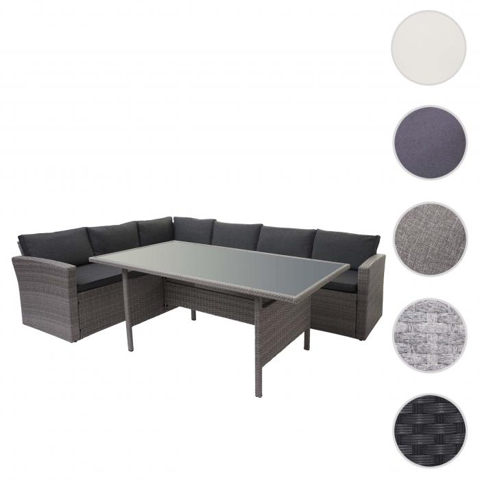 Poly-Rattan-Garnitur HWC-A29, Gartengarnitur Sitzgruppe Lounge-Esstisch-Set Sofa ~ grau, Kissen grau