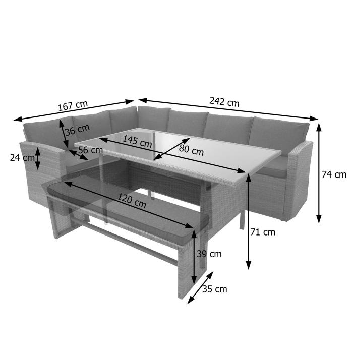 Poly-Rattan-Garnitur HWC-A29, Gartengarnitur Sitzgruppe Lounge-Esstisch-Set Sofa ~ hellgrau, Kissen creme + Bank