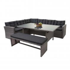 Poly-Rattan-Garnitur HWC-A29, Gartengarnitur Sitzgruppe Lounge-Esstisch-Set Sofa ~ grau, Kissen grau + Bank