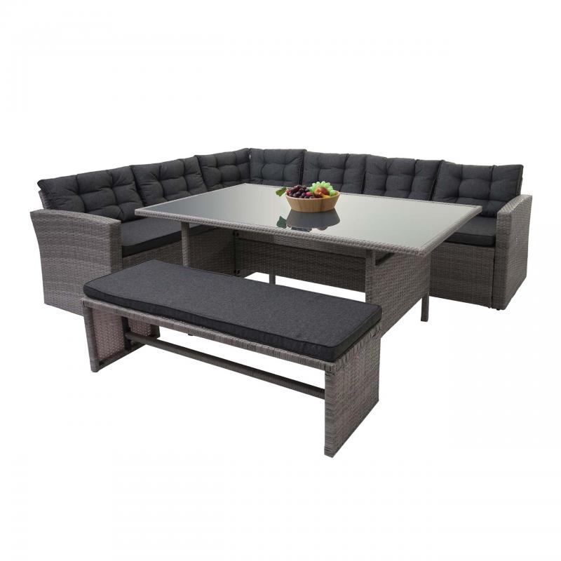 Retourenware | Poly-Rattan-Garnitur HWC-A29, Gartengarnitur Sitzgruppe Lounge-Esstisch-Set ~ grau, Kissen grau + Bank