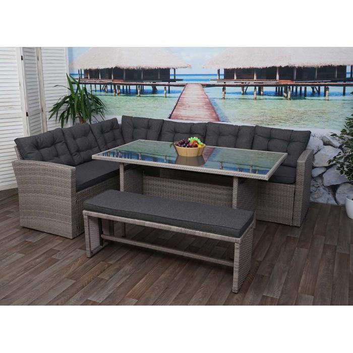 Retourenware | Poly-Rattan-Garnitur HWC-A29, Gartengarnitur Sitzgruppe Lounge-Esstisch-Set ~ grau, Kissen grau + Bank