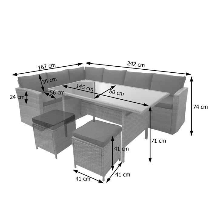 Poly-Rattan-Garnitur HWC-A29, Gartengarnitur Sitzgruppe Lounge-Esstisch-Set Sofa ~ grau, Kissen grau + 2x Hocker