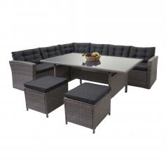 Poly-Rattan-Garnitur HWC-A29, Gartengarnitur Sitzgruppe Lounge-Esstisch-Set Sofa ~ grau, Kissen grau + 2x Hocker