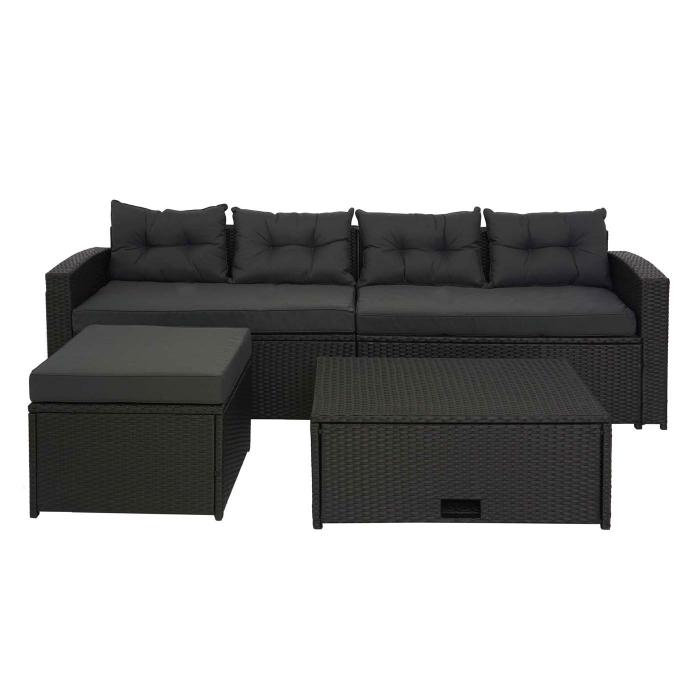 Poly-Rattan Garnitur HWC-J34, Balkon-/Garten-/Lounge-Set Sitzgruppe Sofa, Staufach ~ schwarz, Kissen dunkelgrau