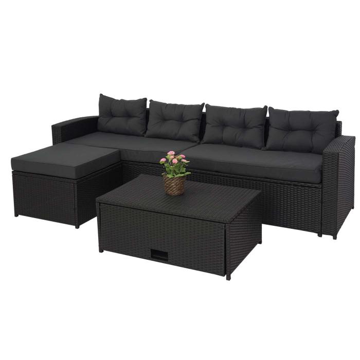 Poly-Rattan Garnitur HWC-J34, Balkon-/Garten-/Lounge-Set Sitzgruppe Sofa, Staufach ~ schwarz, Kissen dunkelgrau