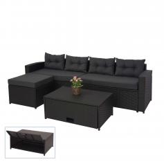 Poly-Rattan Garnitur HWC-J34, Balkon-/Garten-/Lounge-Set Sitzgruppe Sofa, Staufach ~ schwarz, Kissen dunkelgrau