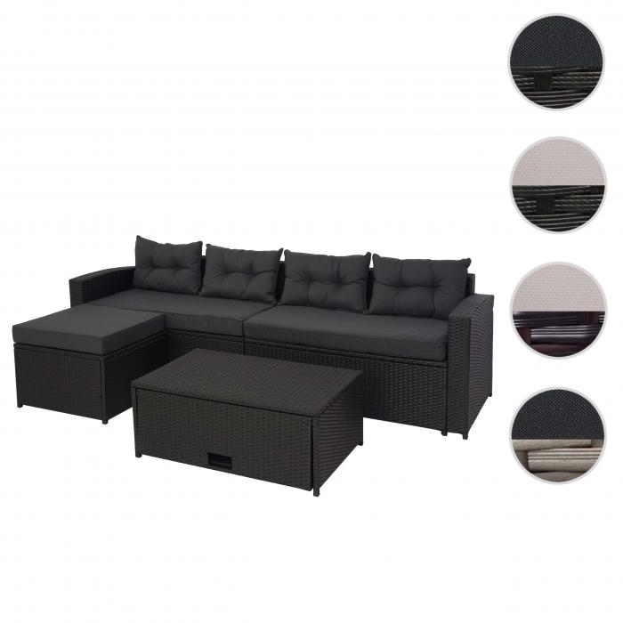 Poly-Rattan Garnitur HWC-J34, Balkon-/Garten-/Lounge-Set Sitzgruppe Sofa, Staufach ~ schwarz, Kissen dunkelgrau