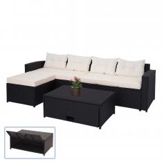 Poly-Rattan Garnitur HWC-J34, Balkon-/Garten-/Lounge-Set Sitzgruppe Sofa, Staufach ~ schwarz, Kissen creme-beige
