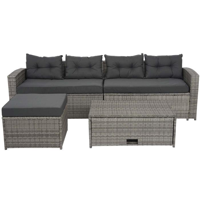 Poly-Rattan Garnitur HWC-J34, Balkon-/Garten-/Lounge-Set Sitzgruppe Sofa, Staufach ~ grau, Kissen dunkelgrau