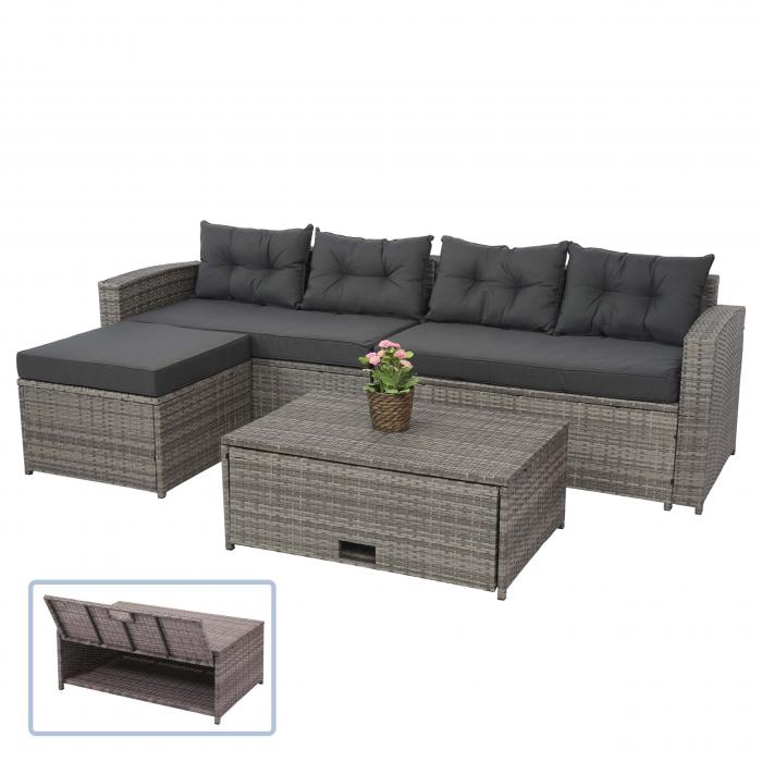 Poly-Rattan Garnitur HWC-J34, Balkon-/Garten-/Lounge-Set Sitzgruppe Sofa, Staufach ~ grau, Kissen dunkelgrau