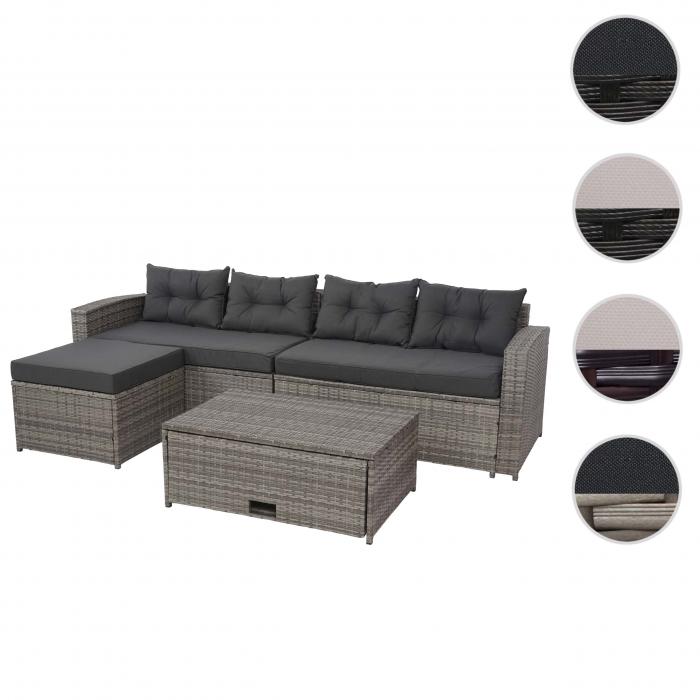 Poly-Rattan Garnitur HWC-J34, Balkon-/Garten-/Lounge-Set Sitzgruppe Sofa, Staufach ~ grau, Kissen dunkelgrau