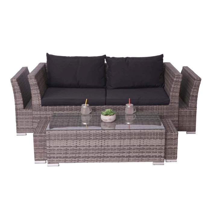 Retourenware | Poly-Rattan Garnitur HWC-J36, Balkon-/Garten-/Lounge-Set Sitzgruppe Sofa ~ grau, Kissen schwarz