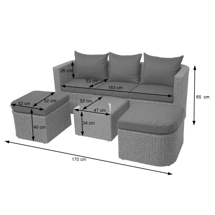 3in1-Garnitur HWC-J37, Garten-/Lounge-Set Sonneninsel, Spun Poly halbrundes Poly-Rattan ~ grau, Kissen anthrazit