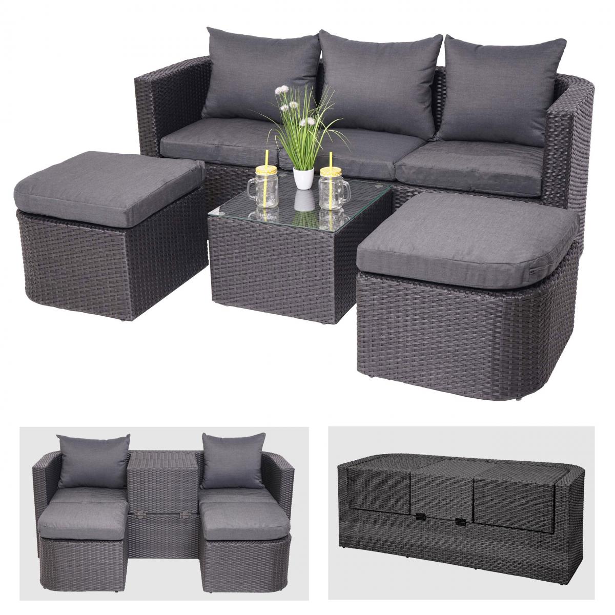 3in1-Garnitur HWC-J37, Garten-/Lounge-Set Sonneninsel, Spun Poly Poly-Rattan MVG ~ anthrazit, Kissen dunkelgrau