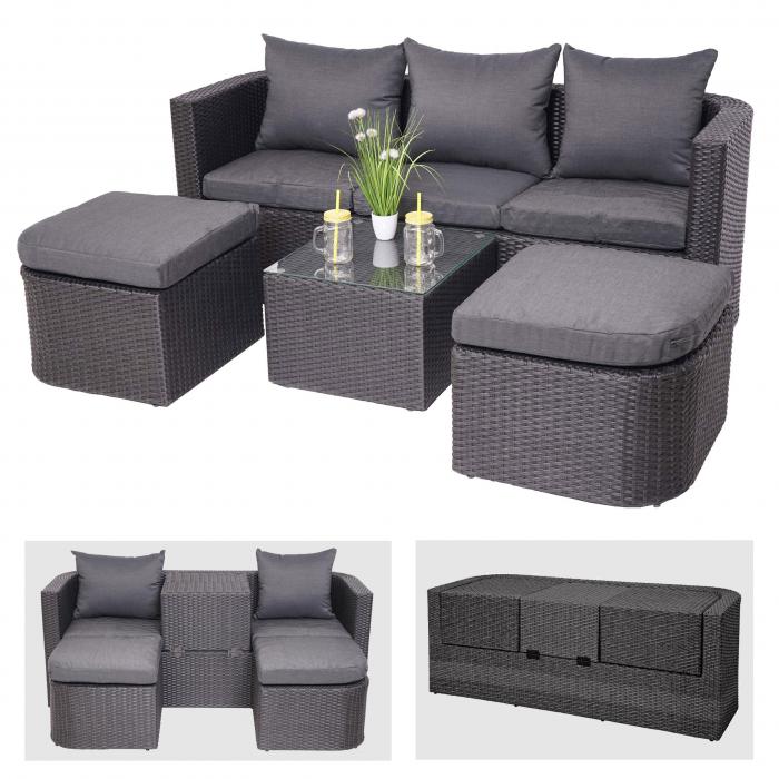 3in1-Garnitur HWC-J37, Garten-/Lounge-Set Sonneninsel, Spun Poly Poly-Rattan MVG ~ anthrazit, Kissen dunkelgrau