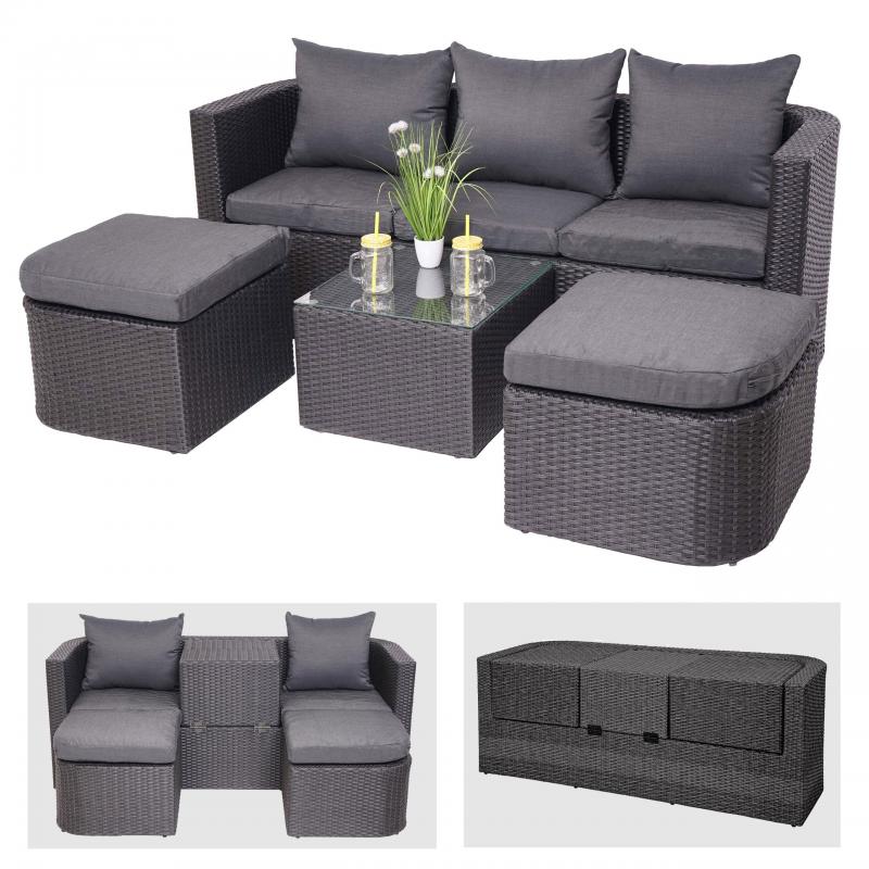 3in1-Garnitur HWC-J37, Garten-/Lounge-Set Sonneninsel, Spun Poly Poly-Rattan MVG ~ anthrazit, Kissen dunkelgrau